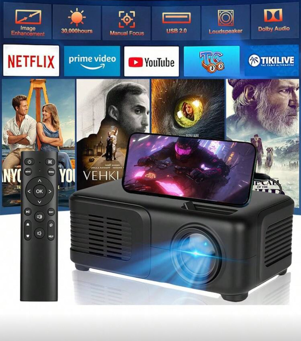 Mini-Projektor, 1080P-unterstützter Outdoor-Filmprojektor, mit HD-Multimedia-Schnittstelle und Fernbedienung, kompatibel mit TV-Smartphone-Tablet-Laptop-Spielekonsole